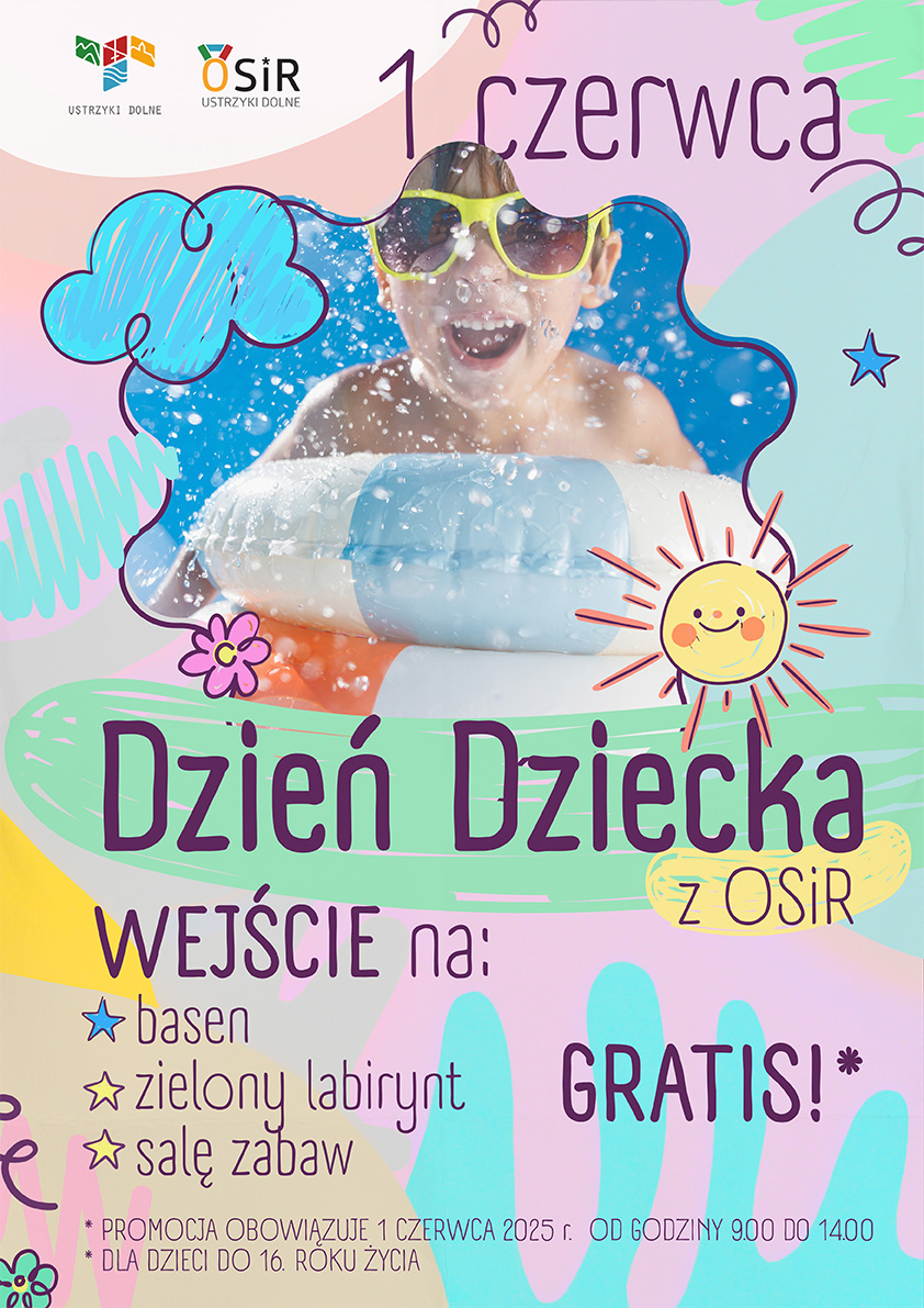 Dzień dziecka 1 czerwca Kolorowy plakat na którym jest Dziecko w kółku do pływania